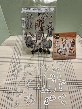 TIM HOLTZ Stampers Anonymous & Sizzix Crazy Cats Stamp and Die Set EUC